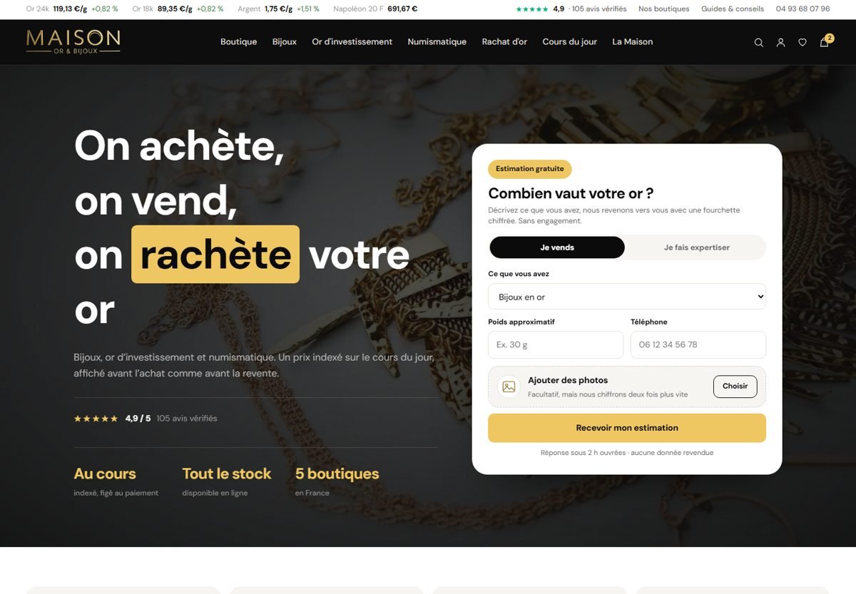Page d'accueil du site Maison Or & Bijoux