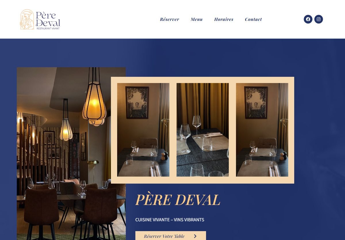 Page d'accueil du restaurant Père Deval, réalisée par l'agence NEWP